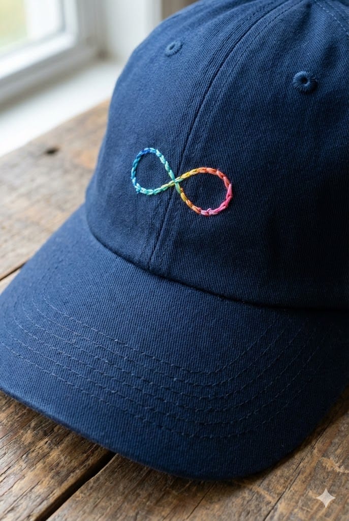Boné Infinito Colorido - Bordado artesanal feito à mão - neurodiversidade, inclusão