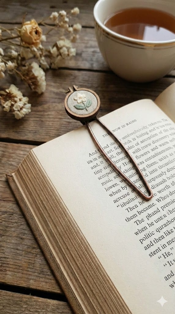 Marca Página com Mini Bordado Floral - Bordado artesanal feito à mão - marca página, floral