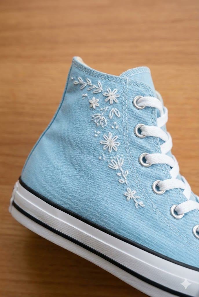 Tênis Azul Claro Floral - Bordado artesanal feito à mão - floral, azul