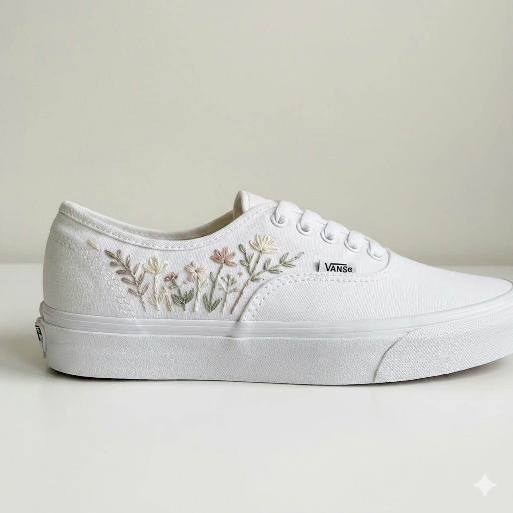 Vans Authentic Jardim - Bordado artesanal feito à mão - floral, branco